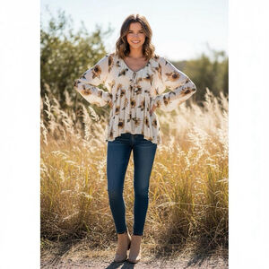 Altar’d State Sunflower Print Babydoll Peasant Long Sleeve Blouse – Size Small